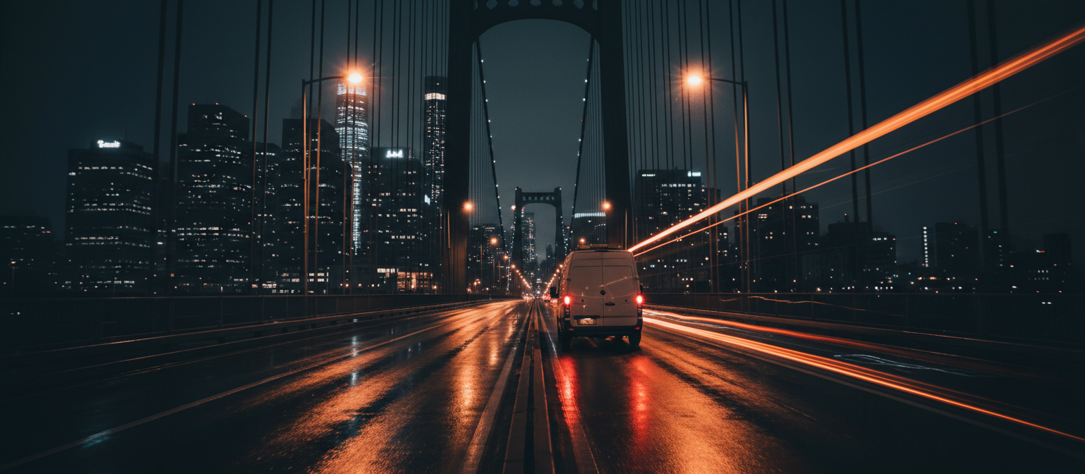 Mobile tyre service van on a bridge at night